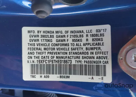 2017 Honda Civic Touring from USA, damaged, VIN 19XFC1F97HE018673